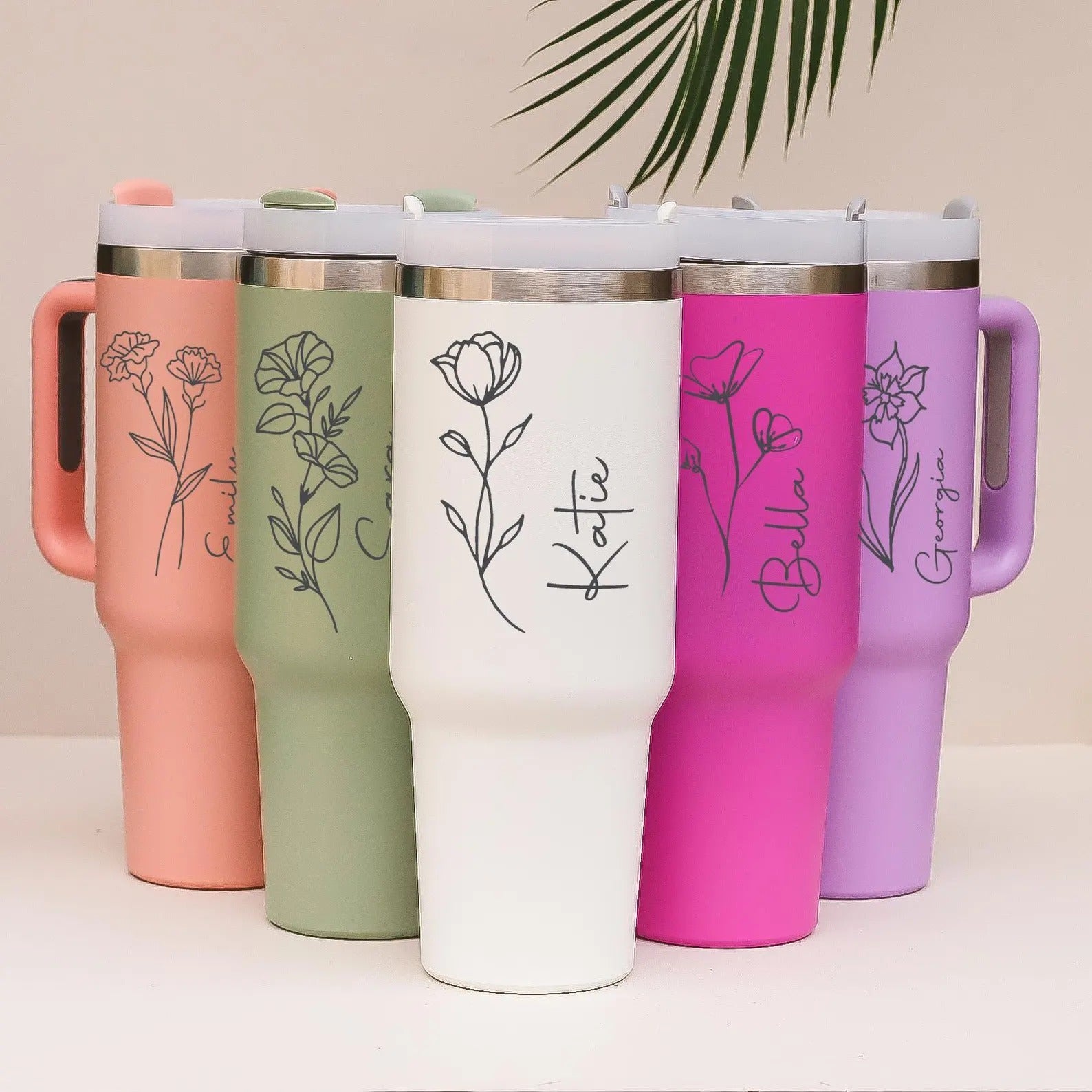 Customized 40oz Tumbler with Handle & Straw, Personalized with Name and Birth Flower