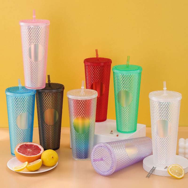 Diamond Cup Double-Layer Plastic Straw Cup with LED Light (Random Colors) - 700 ml