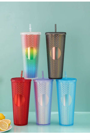 Diamond Cup Double-Layer Plastic Straw Cup with LED Light (Random Colors) - 700 ml