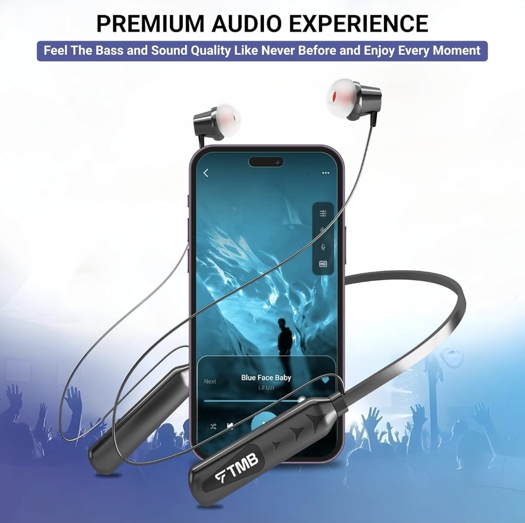 TMB M33 Bluetooth Earbuds - 6H Playtime, 250mAh Battery, Copper Speakers, Fast Charging, and Magnetic Buds (Black)