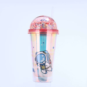 Creative Astronaut Print Plastic Cup Double Layer Portable Cute Water Cup with Straw and LED Light