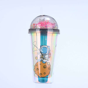 Creative Astronaut Print Plastic Cup Double Layer Portable Cute Water Cup with Straw and LED Light