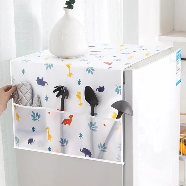Waterproof Fridge Cover, Transparent Printing Waterproof Refrigerator Dust-Proof Cover with Storage Pockets Bags, Multi-Purpose Top Covers